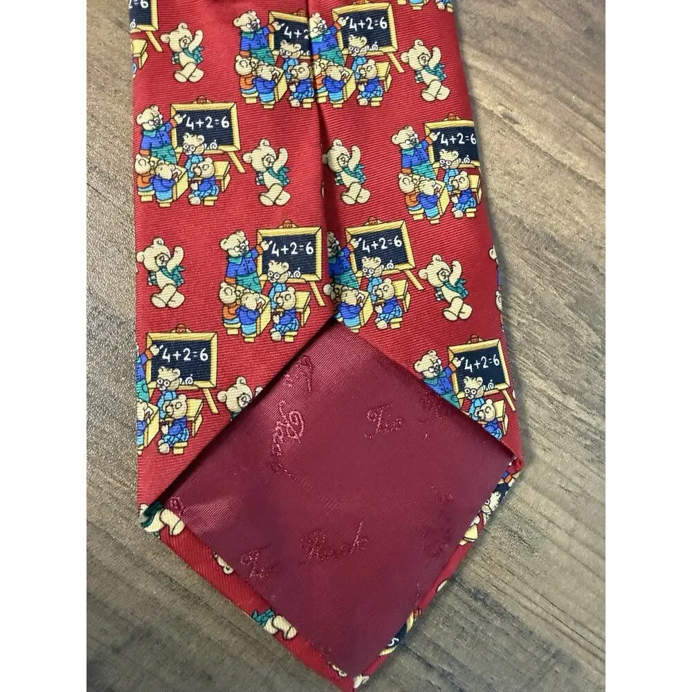 Beaufort Tie Rack Mens Silk Tie Red Teddy Bear School Teacher Math Vintage 90s